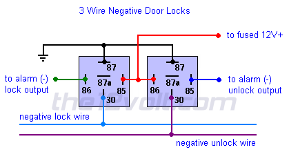 Door Locks - 3 Wire Negative (Type B) Relay Wiring Diagram  3 Door Interlock Wiring Diagram    The12Volt