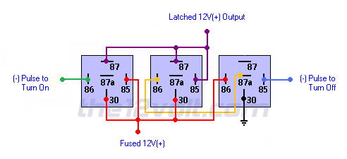 Latched On/Off Output Using Two Momentary Negative Pulses - Positive Output (3 relays) Relay Wiring Diagram