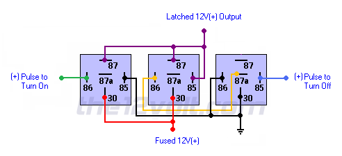 Latched On/Off Output Using Two Momentary Positive Pulses - Positive Output (3 relays, no diode) Relay Wiring Diagram