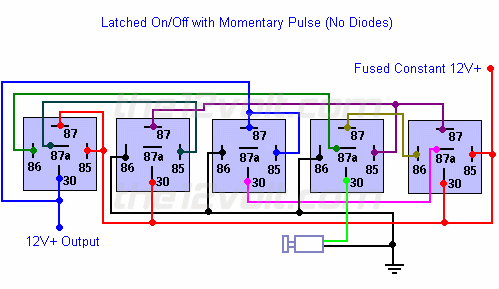 Latched On/Off Output Using a Single Momentary Negative Pulse - Positive Output - No Diodes Relay Wiring Diagram