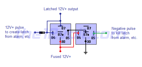 Latched On/Off Output Using Two Momentary Pulses, 1 positive, 1 negative - Positive Output (2 relays, 1 diode) Relay Wiring Diagram