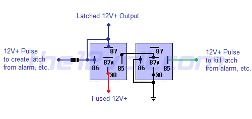 Latched On/Off Output Using Two Momentary Positive Pulses - Positive Output (2 relays, 1 diode) Relay Wiring Diagram