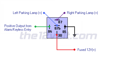 Light Flash - Two Wire (German Vehicles) - Positive Output from Alarm/Keyless Entry (Dual Make SPST Relay) Relay Wiring Diagram