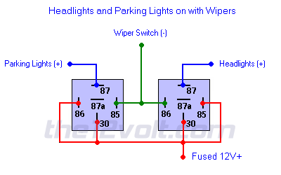 Headlights and Parking Lights on with Wipers - Negative Input/Positive Output Relay Wiring Diagram