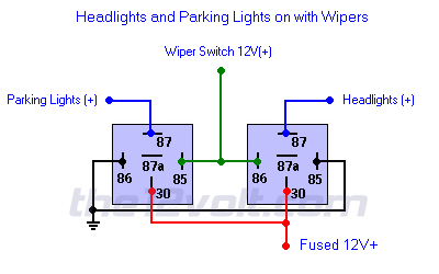Headlights and Parking Lights on with Wipers - Positive Input/Positive Output Relay Wiring Diagram