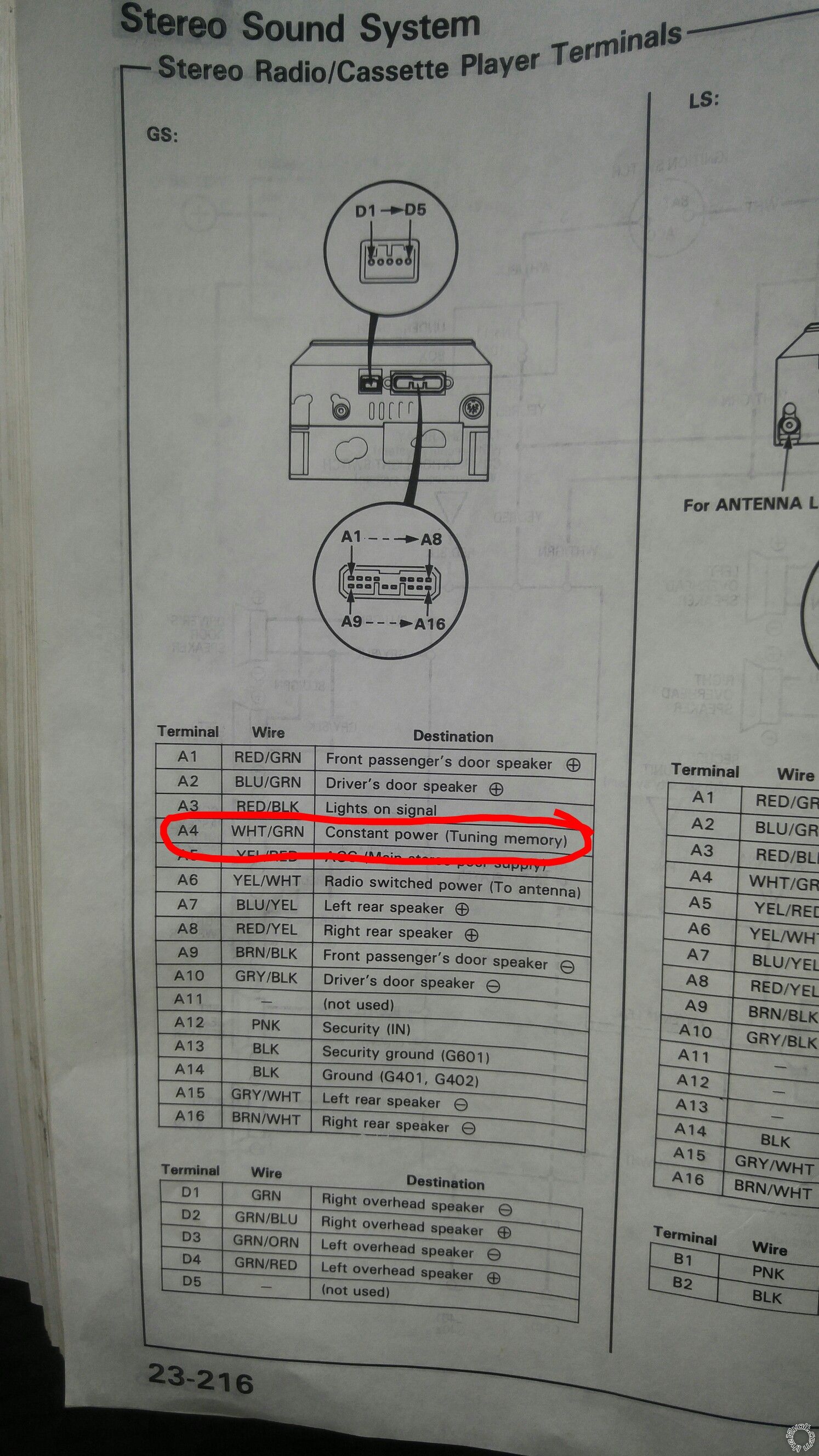 1993 Acura Vigor, Stereo Wiring -- posted image.
