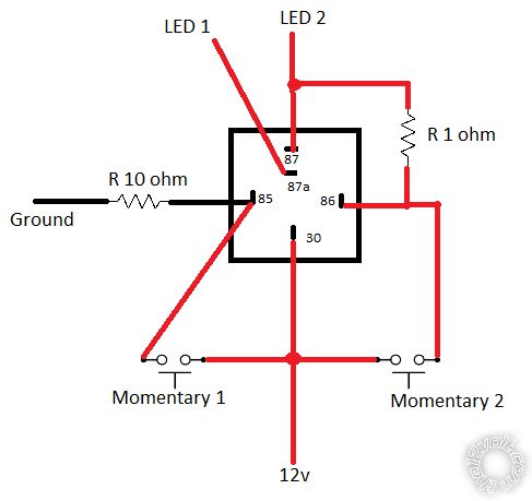 Relay, two LED's, two momentary switches -- posted image.