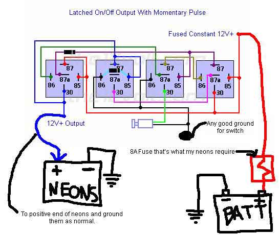 Latching Relay, and momentary switch.